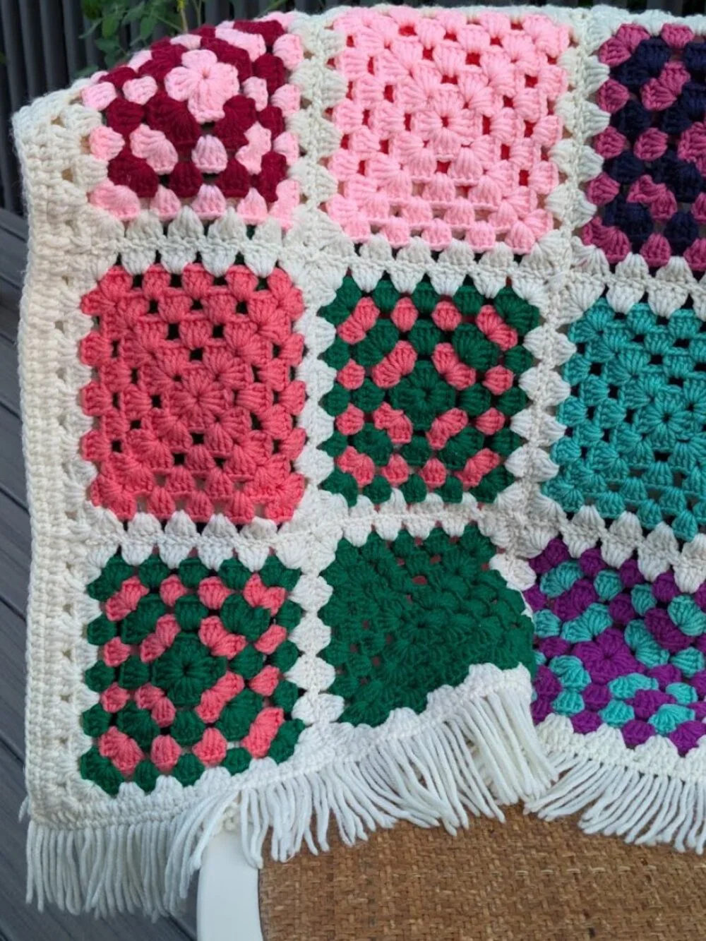 Handmade Crochet Granny Square Afghan Blanket Throw with Fringe 56
